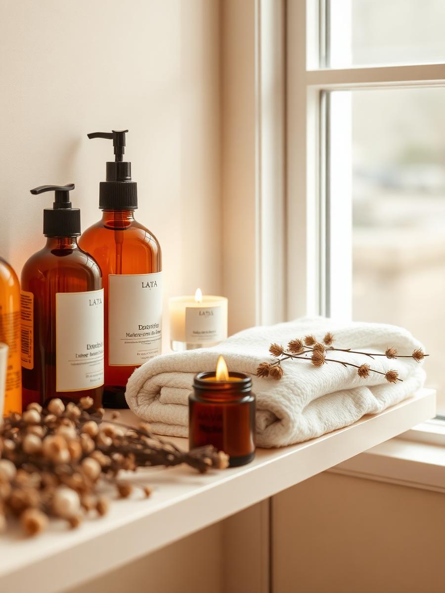 Amber apothecary bottles, folded linen and a candle in warm window light