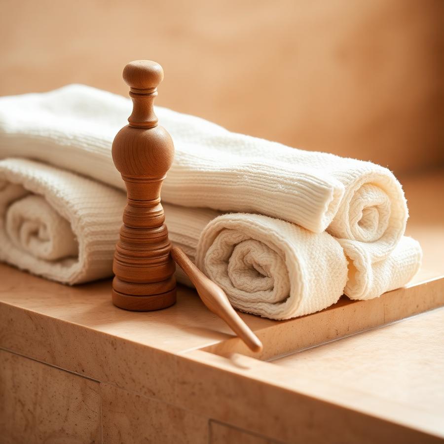 Wooden sculpting tool resting on rolled cream towels