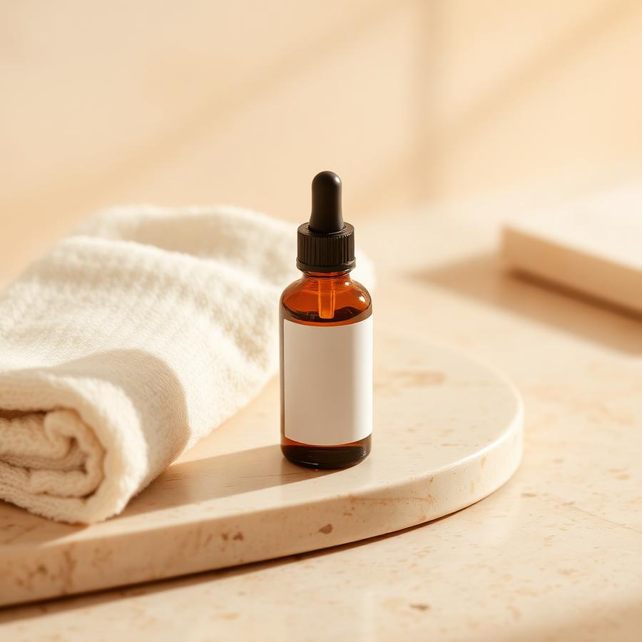Amber serum dropper bottle beside a folded cream towel on stone