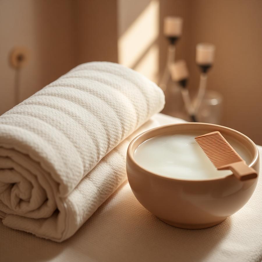 Rolled cream towels beside a ceramic bowl and wooden comb