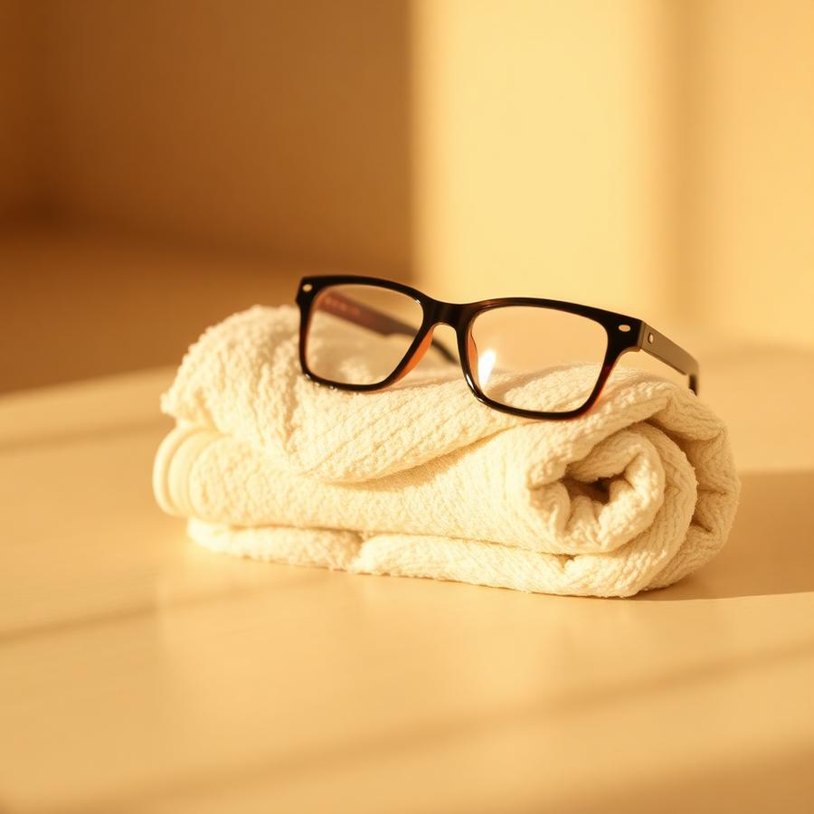 Protective eyewear resting on a rolled cream towel