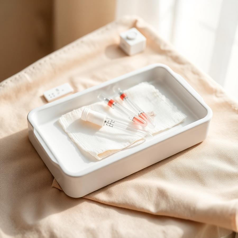 A clean treatment tray with ampoules and gauze on warm linen