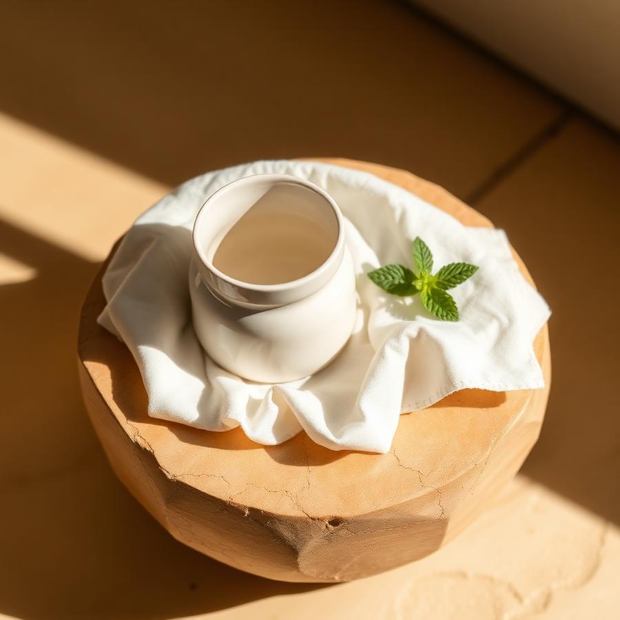 A cream ceramic vessel and soft cloth with a sprig of mint