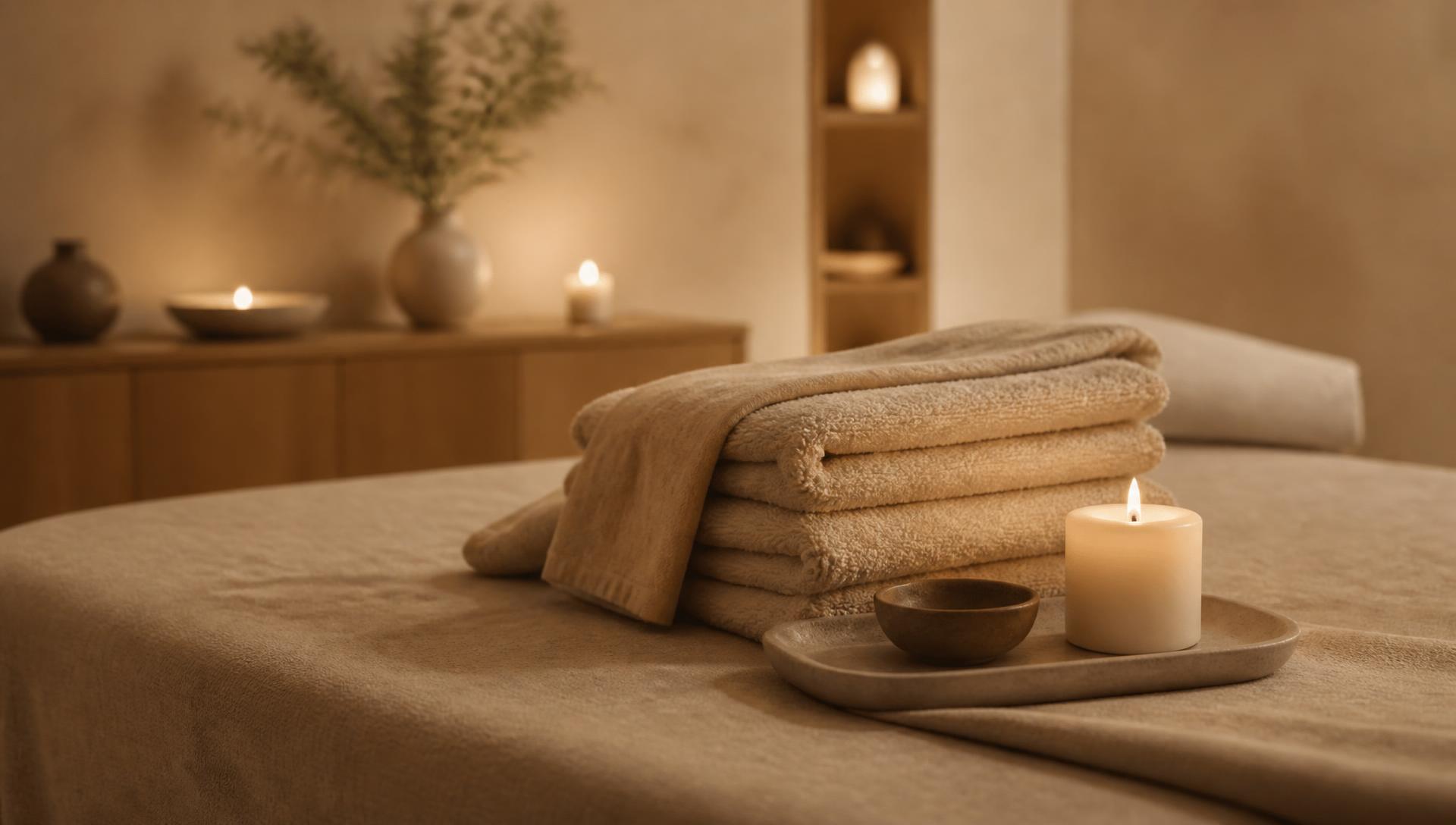 Warm folded towels and a candle in a softly lit spa room