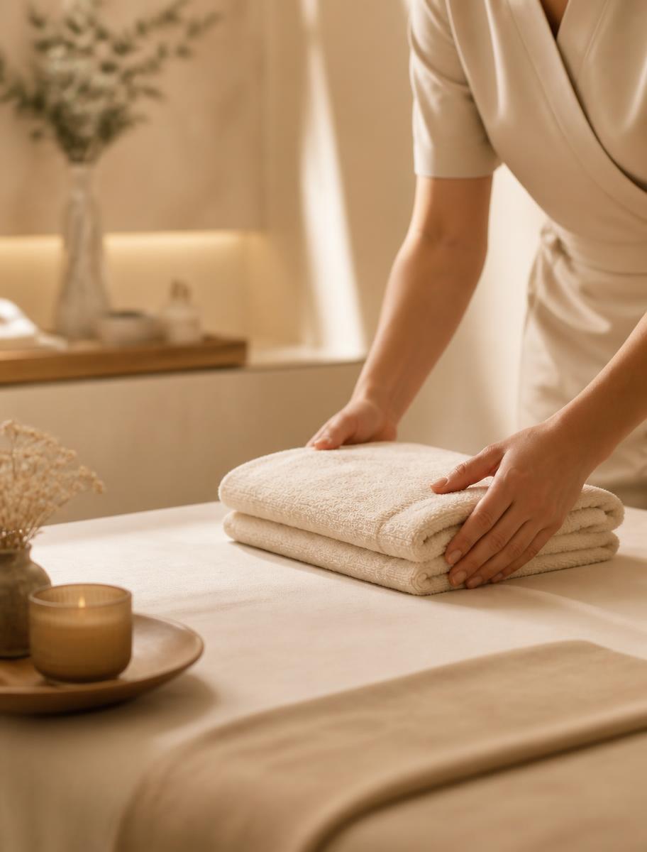 Hands smoothing folded towels in a warm, softly lit treatment room