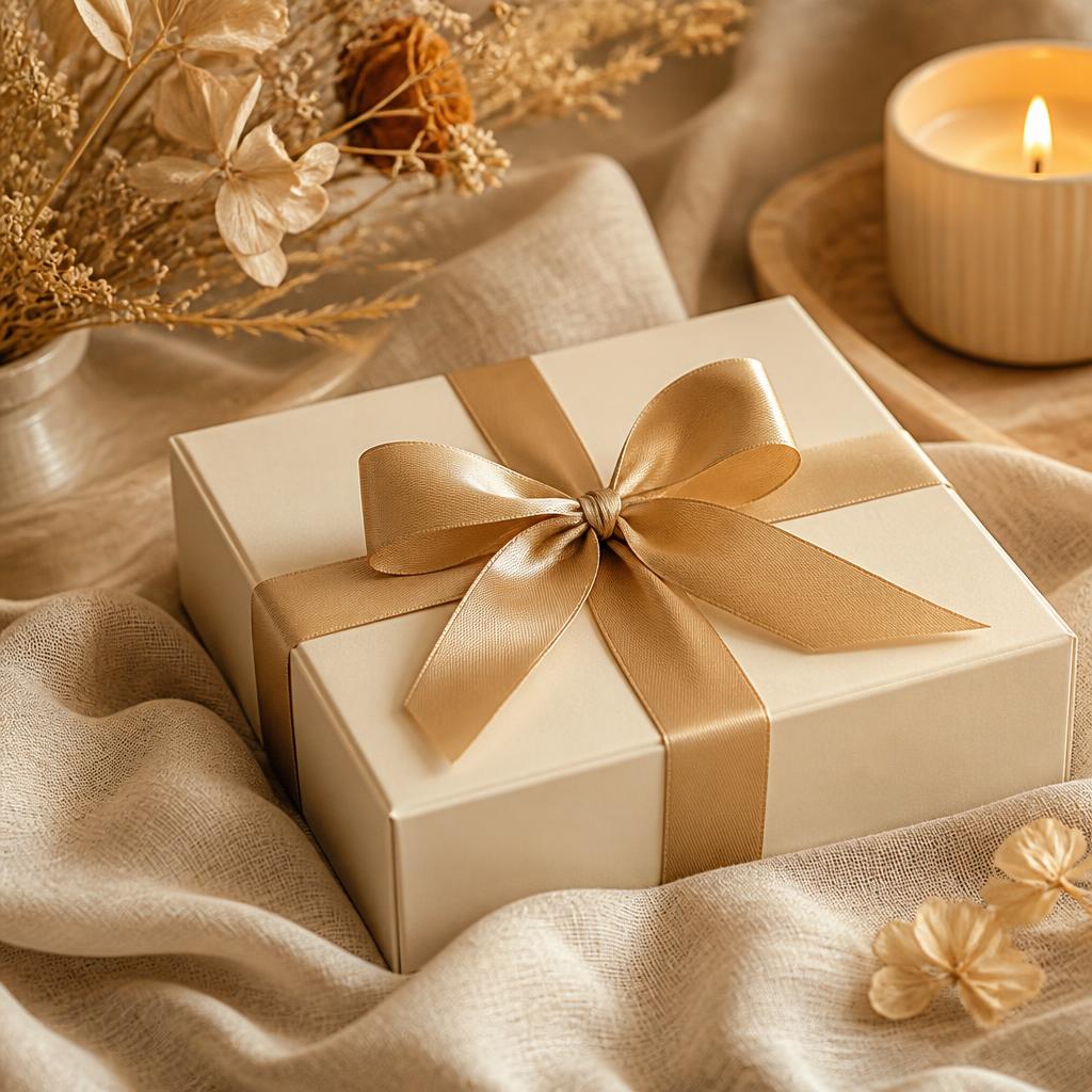 A cream gift box tied with a gold ribbon resting on warm linen